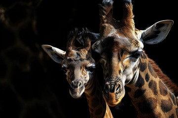 Mother and baby giraffe against black backdrop.