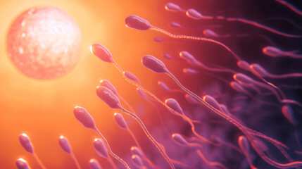 race of white spermatozoid in line towards a solar egg - obrazy, fototapety, plakaty