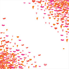 Bright hearts confetti corner frame on white background. Valentine's Day. Banner template. Space for text. illustration.