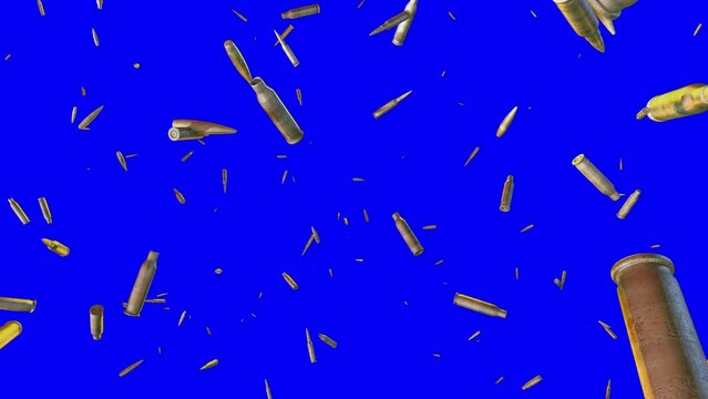 Exploding gun bullets in slow motion on blue screen