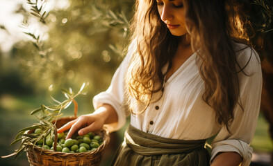 A beautiful young girl in light dress collects green olives in wicker basket in garden of olive trees. Harvesting olives, growing olives for making oil, cosmetics