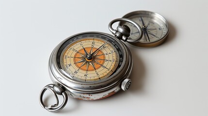Vintage Silver Pocket Compasses with Orange Dial and Blue Needle on White Background