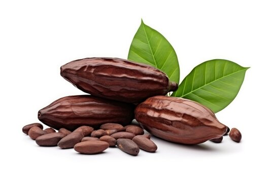 Cocoa Pods, Cocoa Beans, Green Leaves On A White Background. Object For Your Design, Mockup