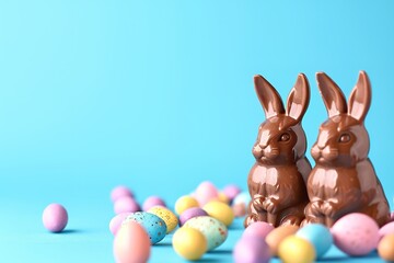 Fototapeta na wymiar Glossy chocolate Easter bunnies lined up with colorful eggs