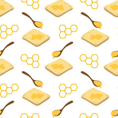 seamless pattern with good morning in cartoon style, print of toast, spoon with honey and honeycomb, flat vector illustration