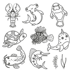 coloring card with sea animals, cute cartoon characters set, hammerhead fish, catfish, manatee, swordfish, lionfish, turtle and lobster, flat style, outline vector illustration