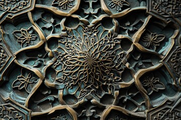 Metal door and window with Moroccan floral and oriental brass ornaments.