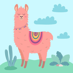 cartoon card with llama, cactus and clouds