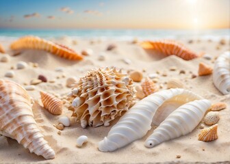 "Coastal Morning Elegance" serene and beautiful ambiance of the beach setting during the early hours, highlighting the elegance of the sea shells against the natural backdrop
