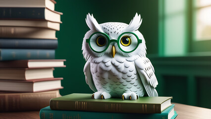 wise owl with graduation cap sitting on book on library shelves background. learning, wisdom and education concept. 
