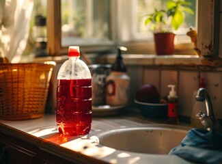 Fototapeta na wymiar Red spray bottle on kitchen counter in sunlight.