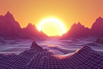 Sunset over digital wireframe mountains