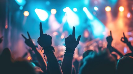 Fans at a rock concert with hand gestures - obrazy, fototapety, plakaty