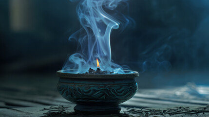 Mystical Blue Smoke Rising from Dark Incense Bowl