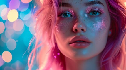 Close-up of a pretty young woman with glitter makeup and vibrant pink hair.