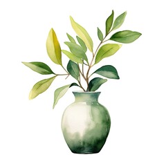 Green plant in vase, watercolor, natural decor