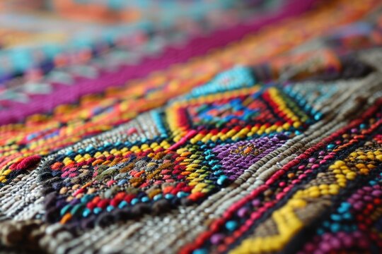 Colorful AfricanPeruvian rug surface closeup with more motifs and textiles.