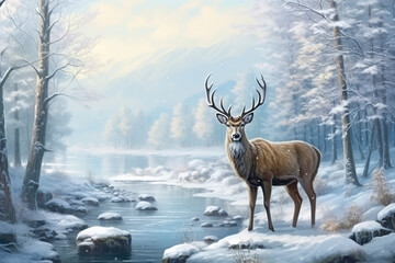 Male deer in a snowy forest
