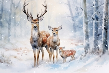 Naklejka na ściany i meble Deer family in snowy winter forest