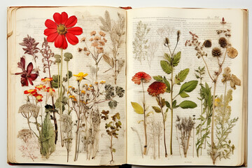 Old book and pressed flowers. Herbarium.