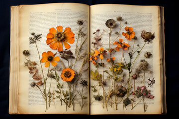 Old book and pressed flowers. Herbarium.