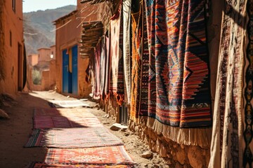 Moroccan Berber carpets hung in Ouzoud. - obrazy, fototapety, plakaty