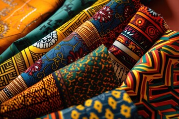 Colorful African wax fabric with notions on bright background.