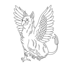 Vector isolated one single griffin griffon gryphon with wings colorless black and white contour line easy drawing