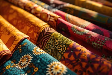Colorful African wax fabric with notions on bright background. - obrazy, fototapety, plakaty