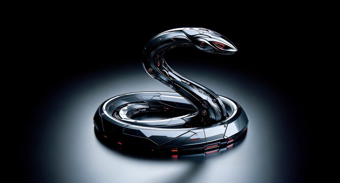 Coiled Elegance: The Cyber Serpent - A Fusion of Black Onyx Body, Dark Shadows and Ruby Lights - Powered by Adobe