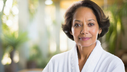 Portrait of smiling senior woman in bathrobe standing in spa center