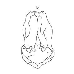 Vector isolated two pair couple kissing penguins love  colorless black and white contour line easy drawing