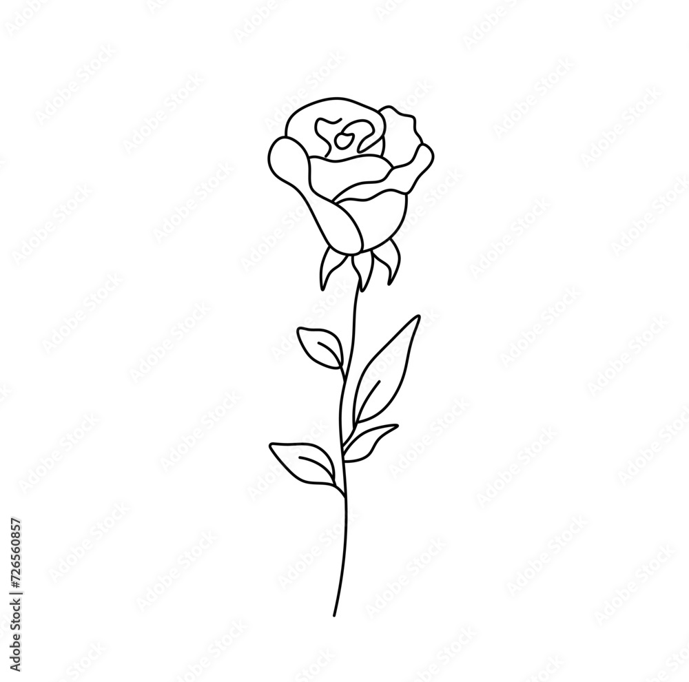 Canvas Prints vector isolated one single rose bud with stem and leaves colorless black and white contour line easy