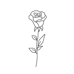 Vector isolated one single rose bud with stem and leaves  colorless black and white contour line easy drawing
