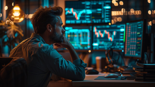 Explore the stock market trends with analytical visuals of businessman planning long term investments and future business growth, Navigate towards success with smart strategies. Seriously investing.