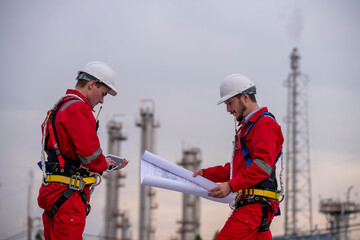 Engineer survey team wear uniform and helmet stand workplace checking blueprint project , radio...