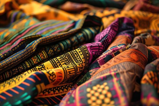 Colorful African Ghanaian fabrics spread out on table.