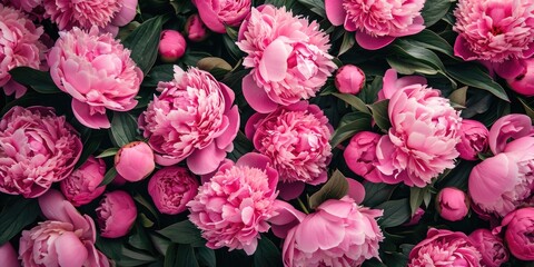 Pink peony flower bouquet as a background, top view