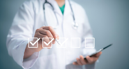 Check list concept.Medical worker with online checklist survey, filling out digital form checklist,...