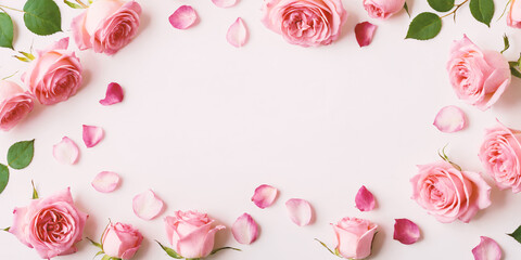Fototapeta na wymiar Elegant Pink Roses with Petals Arrangement, background, banner, copy space