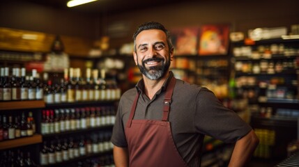 Fototapeta premium Smiling Liquor store attendant looking at the camera in the background of the store.