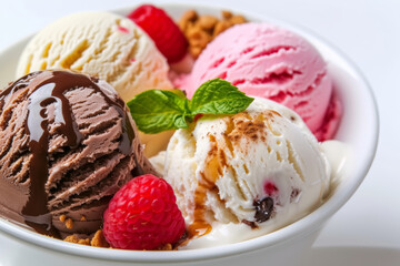 A bowl of various ice cream scoops with a raspberry and mint leaf.
