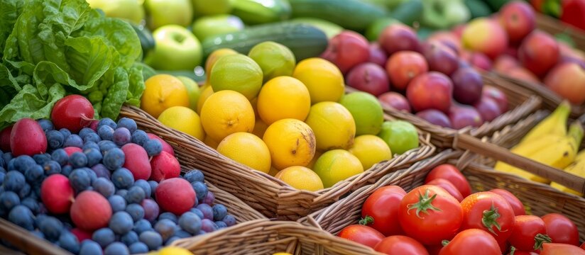 Blurry image of assorted summer fruits and veggies in baskets, close-up view.
