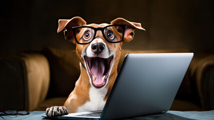 A happy dog wearing glasses working on a laptop computer with a surprised facial expression - obrazy, fototapety, plakaty