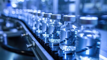 Obraz premium Medical vials on production line at pharmaceutical factory, Pharmaceutical machine working pharmaceutical glass bottles production line