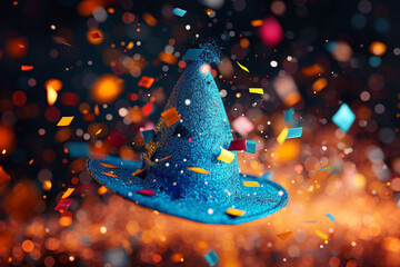 Enchanted Blue Wizard Hat with Confetti