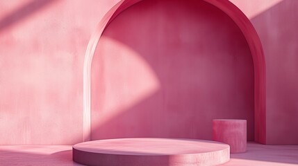 Minimalist Pink Arch and Podium, Modern Abstract Background for Product Display