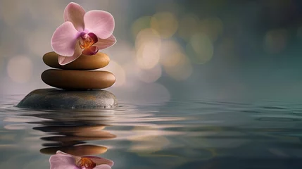 Canvas schilderij Spa Serene Balance: A stack of smooth stones topped with a delicate orchid against a soft bokeh background, symbolizing tranquility and mindfulness in a spa-like setting  © R Studio