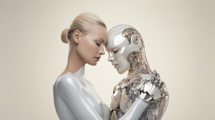 Woman and robot in love. Emotional attachment between human and artificial intelligence.