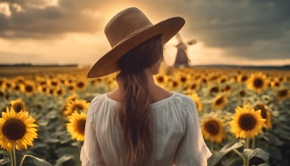 A young woman stands with her back to us and looks at a large field of sunflowers. Old millet ahead on the field